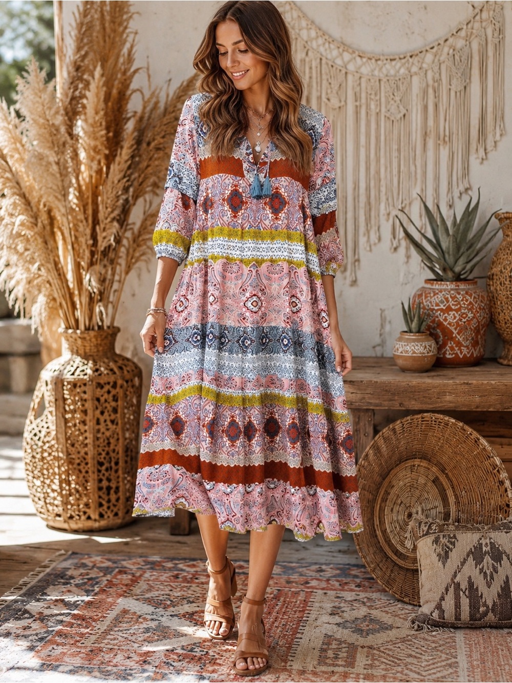 AURA Boho Tiered Midi Maxi Dress SZ M Rayon Patchwork Style